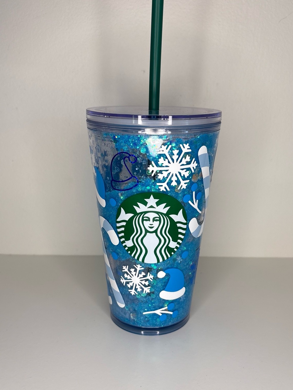 New Starbucks Blue Glitter Snowglobe Holiday Cup with Green Logo and Straw